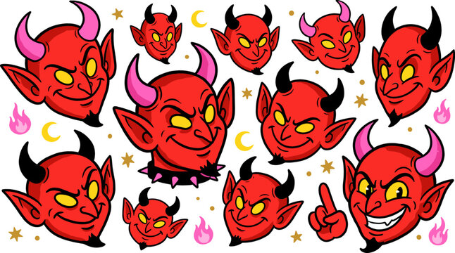 Cartoon Devil Head Icon Set with Different Expressions, Horns, Flames, and Cosmic Elements for Mischief, Fantasy, and Halloween Illustrations