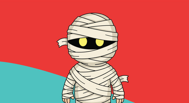 Adorable little mummy character wrapped in white cloth with big glowing eyes standing in front of a red and blue split background.