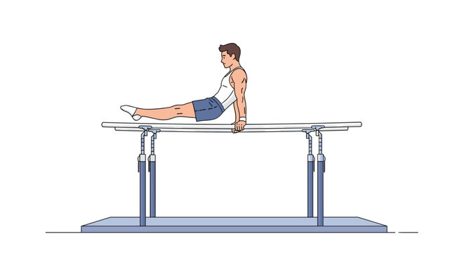 Athletic male gymnast performing an impressive routine on the parallel bars during a professional competition event.