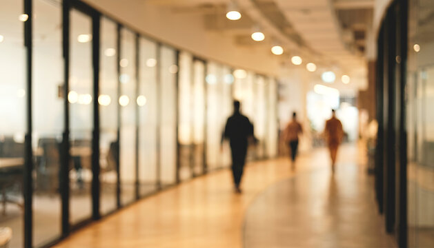 A blurred image of a modern office hallway with glass partitions and silhouettes of people walking. The soft lighting creates a professional atmosphere.