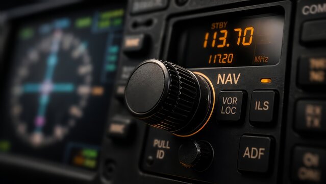 A close-up of an aircraft navigation control panel reveals advanced digital systems that guide modern flight with precision and reliability