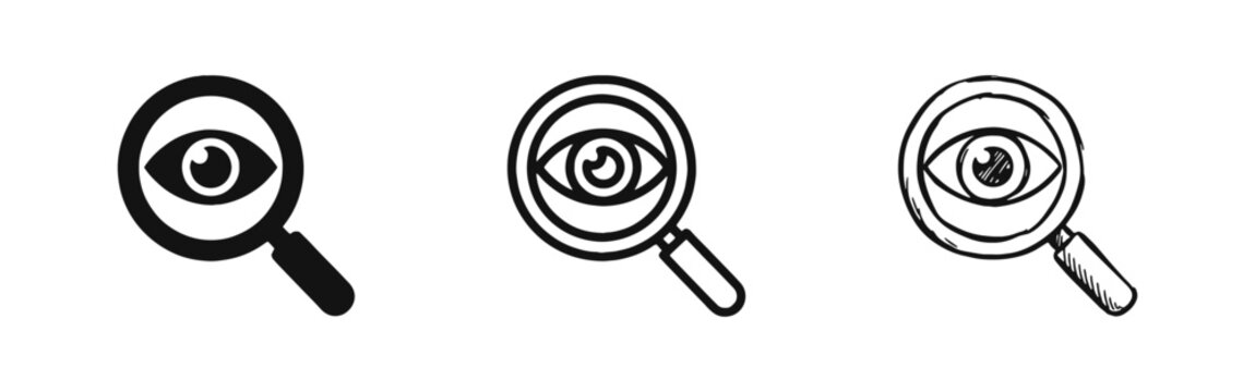 Observation and Search Icon Set with Eye inside Magnifying Glass in Three Styles