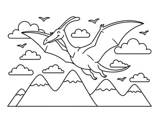 Pterodactyl friendly winged dinosaur soaring above mountain peaks in a fun coloring page scene © Crafter