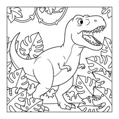 Tyrannosaurus fierce prehistoric predator standing in jungle leaves coloring page illustration © Crafter