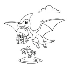Pterodactyl smiling winged dinosaur carrying a gift in a cute coloring page illustration © Crafter