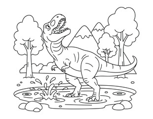 Tyrannosaurus roaring prehistoric predator splashing in water coloring page illustration © Crafter