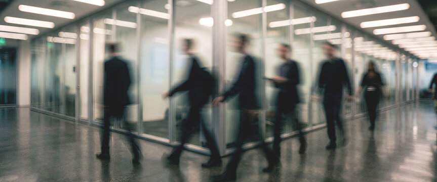 Motion blur of business professionals walking in an office corridor, illustrating a busy work environment and team collaboration in a corporate setting.