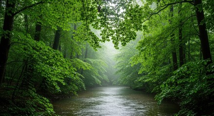 Naklejka premium Serene River Flowing Through Lush Green Forest in Soft Mist