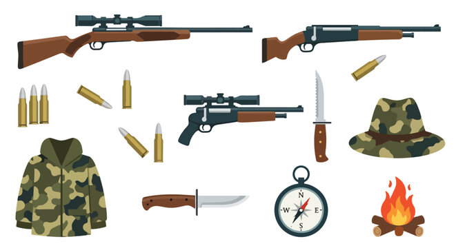 Hunting gear and weapons collection.