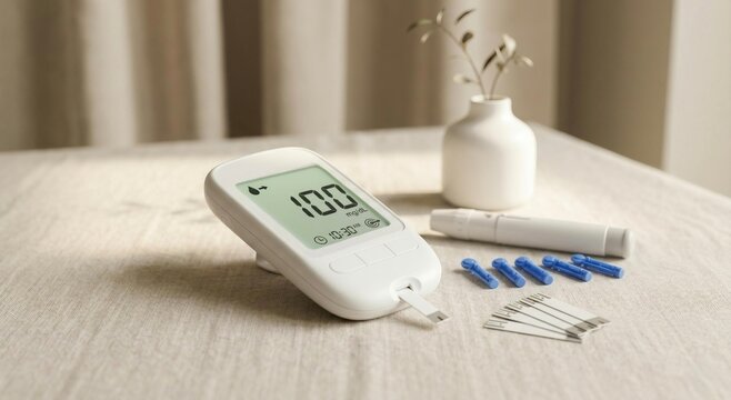 lose up of blood glucose meter and lancing device on white table surface