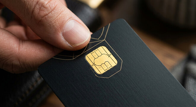 Macro shot of human finger holding premium black credit card with gold chip showing secure payment banking technology and luxury finance