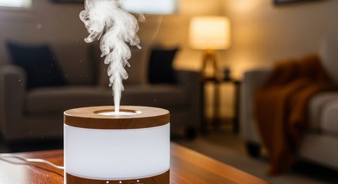 Aroma diffuser emitting white mist in a cozy room