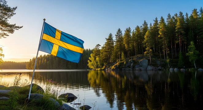 The Swedish flag waves beside blooming flowers on a serene lake during Sweden's National Day of celebration in a beautiful spring season.