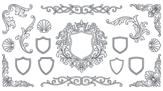 Vintage heraldic crest set with royal crown shield and decorative elements.