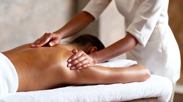 Therapist giving relaxing back massage to client on spa table in serene wellness setting