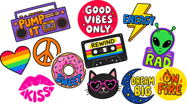 Retro Pop Art Sticker Collection with Cassette, Alien, Peace Sign, Donut, and Positive Quotes for Trendy Designs