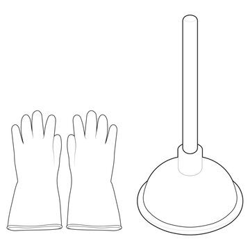 Isometric commercial toilet plunger and rubber gloves drawing for plumbing unclog maintenance manual