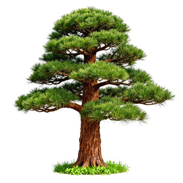 A professionally pruned formal evergreen pine bonsai, with dense green needle foliage, thick brown trunk, planted with groundcover and grass at its base on a white background.