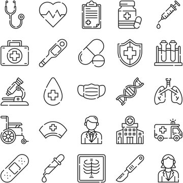 Comprehensive collection of outline medical and healthcare icons, perfect for representing various health services, treatment options, and professional care in digital or print designs