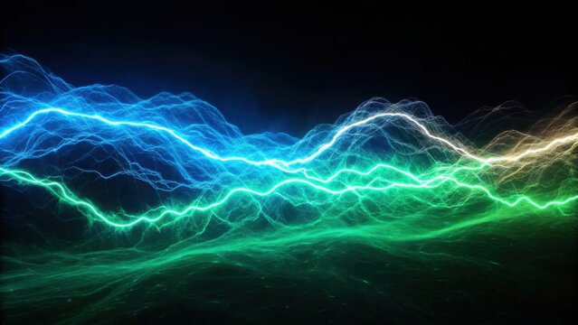 Vibrant electric waves in blue, green, and yellow hues ripple across a dark background, creating a dynamic and energetic light effect.