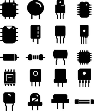 Electronic Component Icon Set Black Silhouette Vector collection of Microchip Resistor Capasitors and Semiconductors