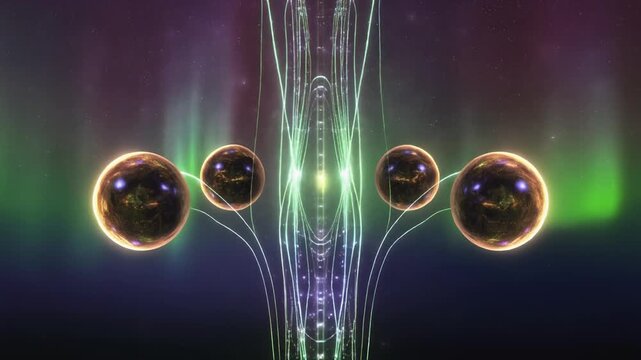 Glowing orbs emit vibrant green light from a futuristic structure