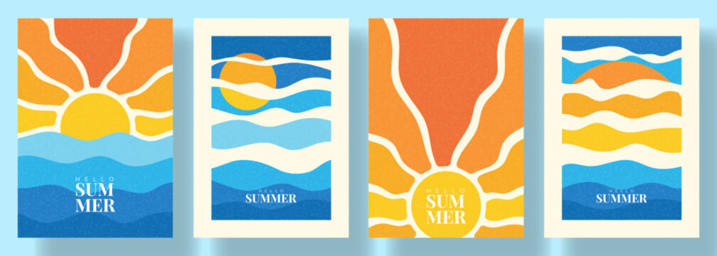 Modern abstract summer card set. Vector covers design with sun on blue wavy background and sea waves at sunset. Minimalist summer posters for vacation and travel design, branding, ads, banners.