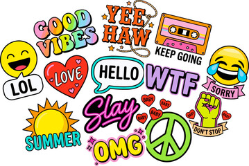 Naklejka premium Vibrant Retro Sticker Set with Slang Words, Emojis, Peace Sign, and Cassette for Pop Art and Social Media Designs