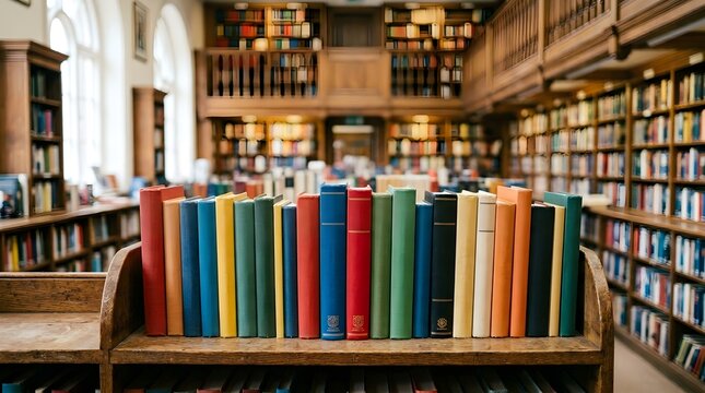 A row of colorful books stands on a wooden shelf in a traditional library setting with extensive bookshelves filled with literature surrounding the central display creating an atmosphere of