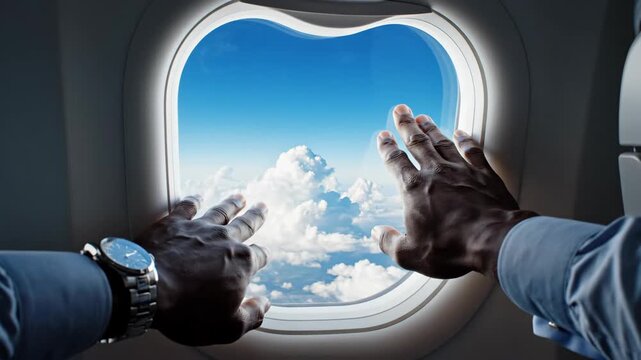 POV passenger hands touching a unique heart-shaped airplane window flying above clouds