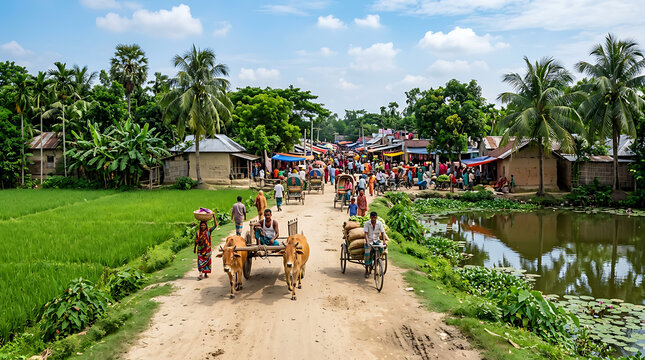 village market scene with people and ox carts on dirt road isolated on transparent background