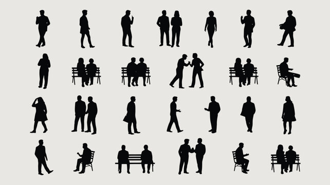Isolated silhouettes with large group of people stock illustration,Businessmen and office workers silhouette isometric view