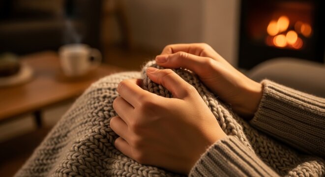 Person's Hands Knitting a Textured Wool Fabric