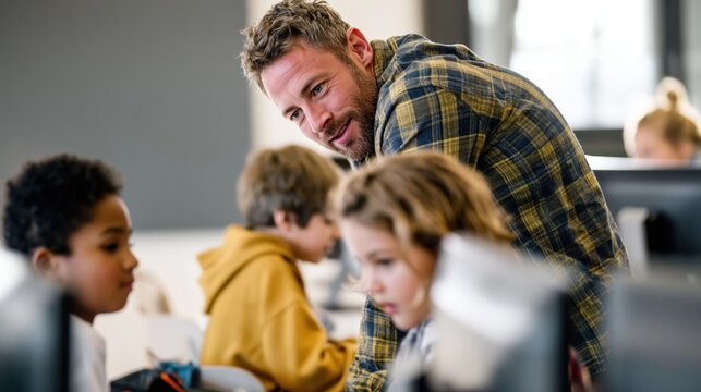 Smiling teacher assists elementary students on computers in a modern classroom setting.