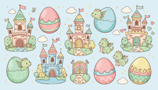 Cute Cartoon Castles, Dragons, and Easter Eggs Vector Illustration