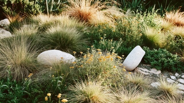 Drought-tolerant garden with ornamental grasses, native wildflowers, and boulders in natural landscape design
