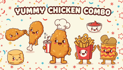 Fototapeta premium Cute Fried Chicken Combo Cartoon Illustration Vector