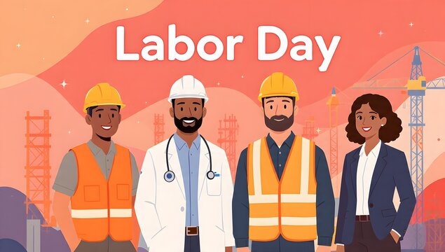 Labor Day diverse workers celebrating national holiday recognizing essential jobs including construction doctor engineer business professional 