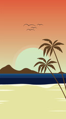 Obraz premium Vibrant tropical beach sunset illustration with palm trees, ocean, and distant mountains under an orange sky.