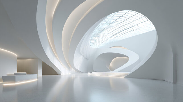 futuristic architectural interior with curved white walls and large skylight, soft natural light illuminating minimal space, modern design concept