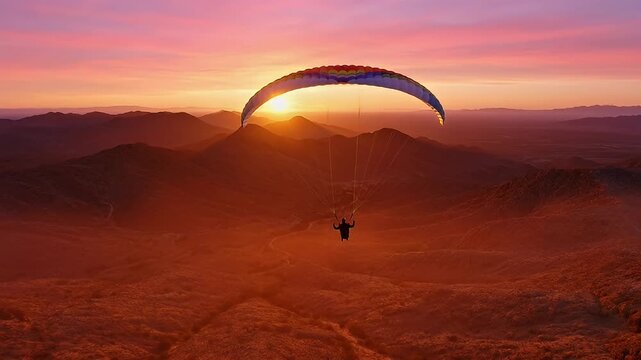 Paraglider Soaring Over Misty Mountains at Golden Hour Sunset