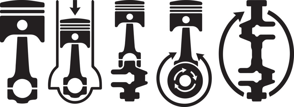 Set of internal combustion engine components featuring piston, connecting rod, and crankshaft silhouettes for mechanical engineering.