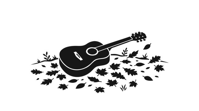 An isolated wooden acoustic guitar with musical notes flows through the air, creating a melodic sound as this classic string instrument sits ready for a musician to play a concert
