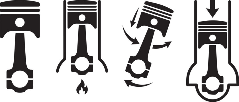 Set of internal combustion engine piston cycle silhouettes featuring ignition and mechanical movement.