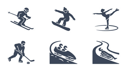 Collection of winter sports silhouettes showcasing skiing, snowboarding, ice skating, and more © Kebo