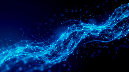 Abstract digital network with glowing nodes and lines on dark background. Ideal for themes of AI, big data, cybersecurity, communication, and futuristic technology. © MDMizanur
