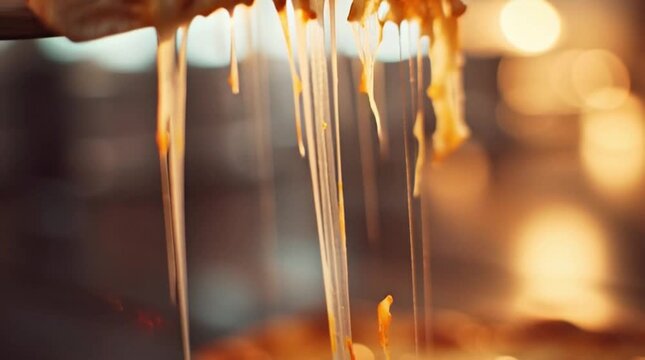 Melted cheese stretches from a hand over a blurred background with golden lights