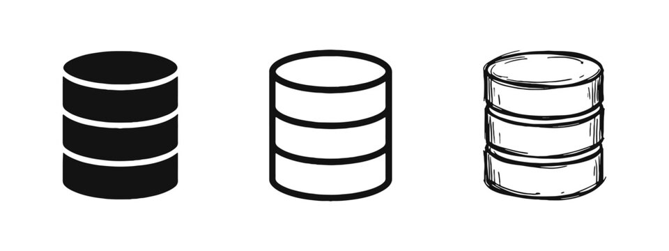 Database and Data Storage Icon Set - Flat, Outline, and Hand-Drawn Server Symbols
