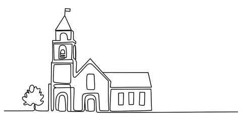 Fototapeta premium Continuous single line drawing of a simple church building with a bell tower and a small tree beside it in a minimalist black and white line art style