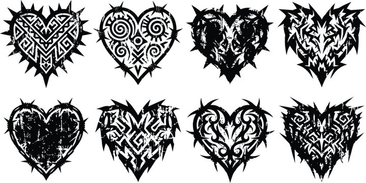 Tribal heart set, decorative heart icons with sharp edges and maze patterns, black ink vector elements for rock, punk, and metal aesthetics